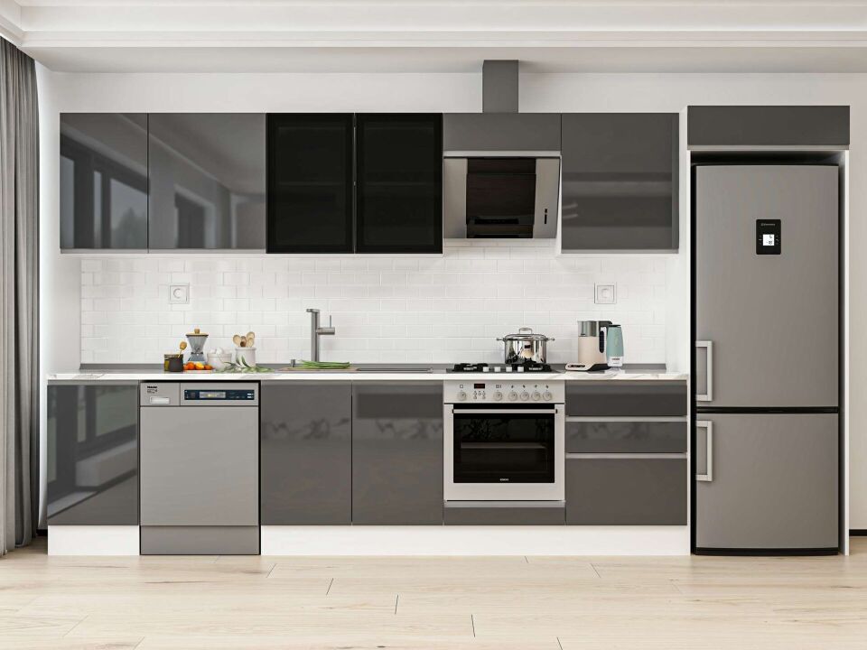 Alvinka 395X222 Cm High Gloss Mutfak Dolabı Mb-E90S45S60-3 High Gloss | Antrasit - Mdf