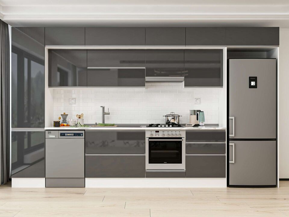 Alvinka 400X240 Cm High Gloss Mutfak Dolabı Mbb-E90B50S60-1 High Gloss | Antrasit - Mdf