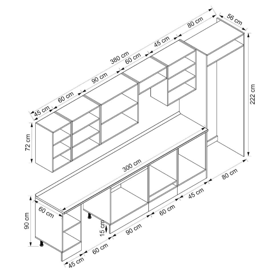 Alvinka 380X222 Cm Klasik Mebran Mutfak Dolabı Beyaz Beyaz Mb-E90S45S45-3