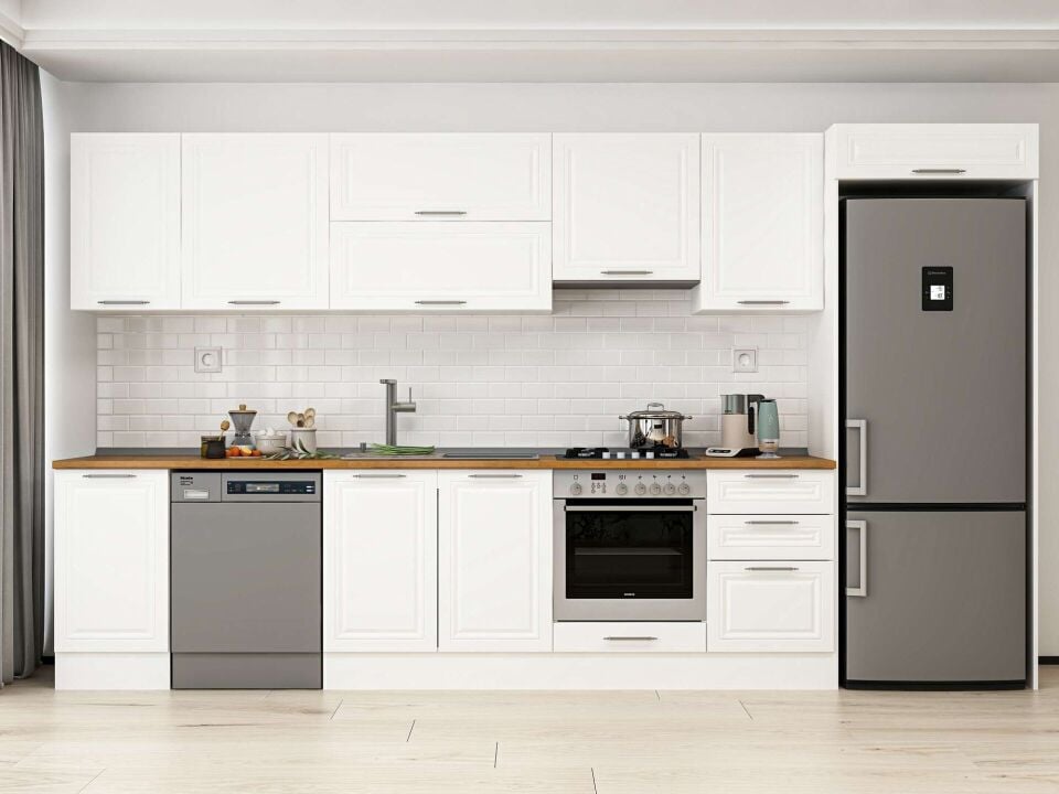 Alvinka 385X222 Cm Klasik Mebran Mutfak Dolabı Beyaz Beyaz Mb-E90S45S50-1