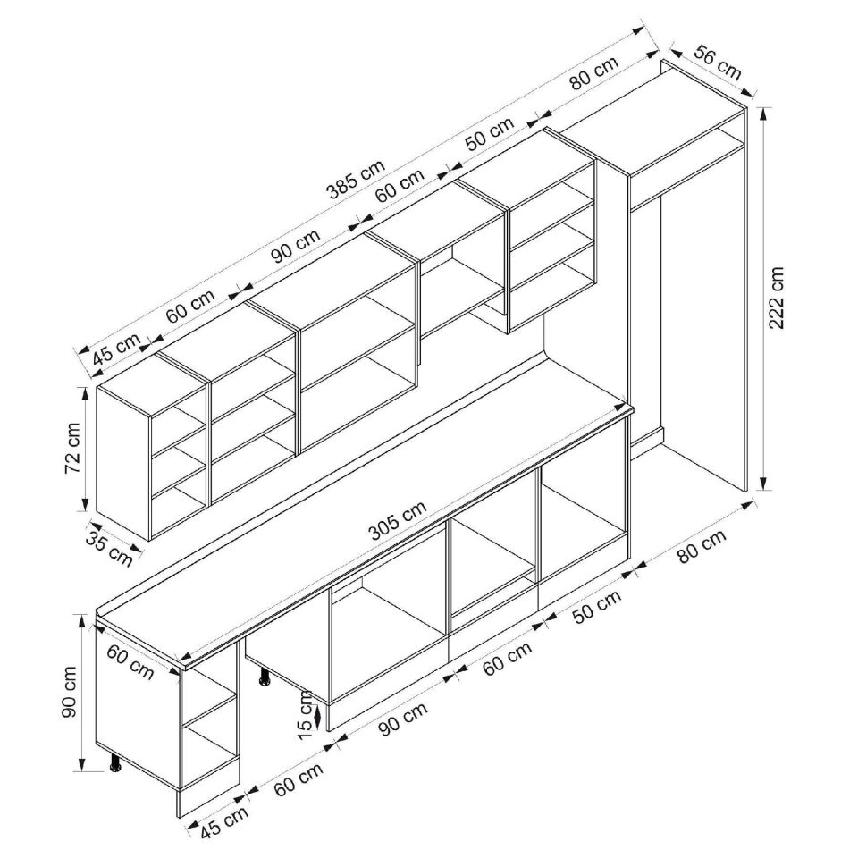 Alvinka 385X222 Cm Klasik Mebran Mutfak Dolabı Beyaz Beyaz Mb-E90S45S50-1