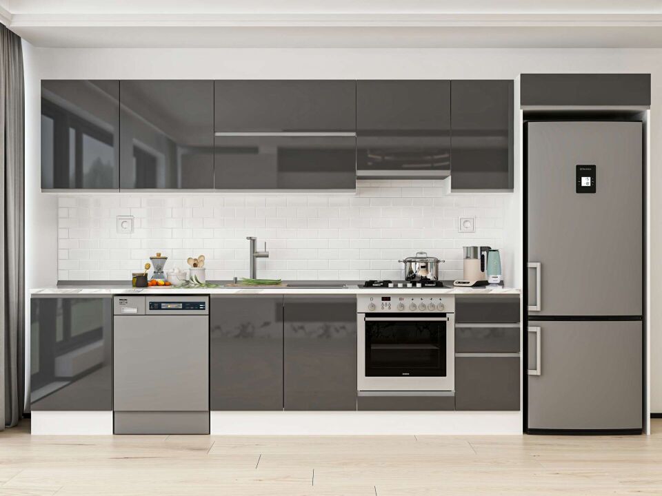 Alvinka 380X222 Cm High Gloss Mutfak Dolabı Mb-E90S50S40-1 High Gloss | Antrasit - Mdf
