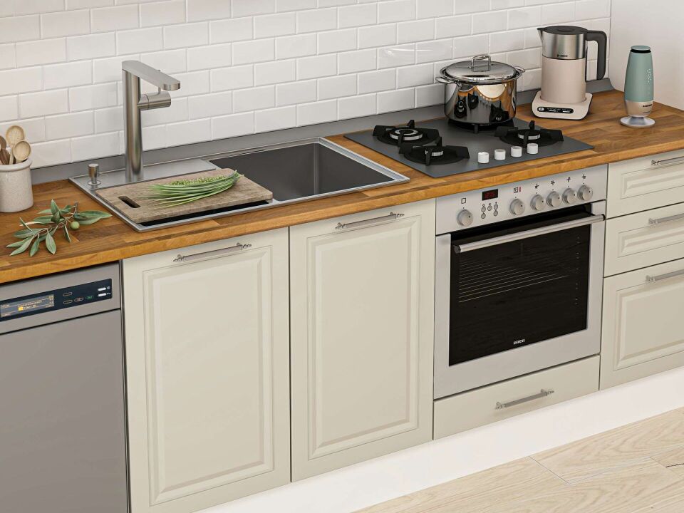 Alvinka 390X222 Cm Klasik Mebran Mutfak Dolabı Mbb-E90B50S50-2 Mebran | Kumtaşı - Mdf