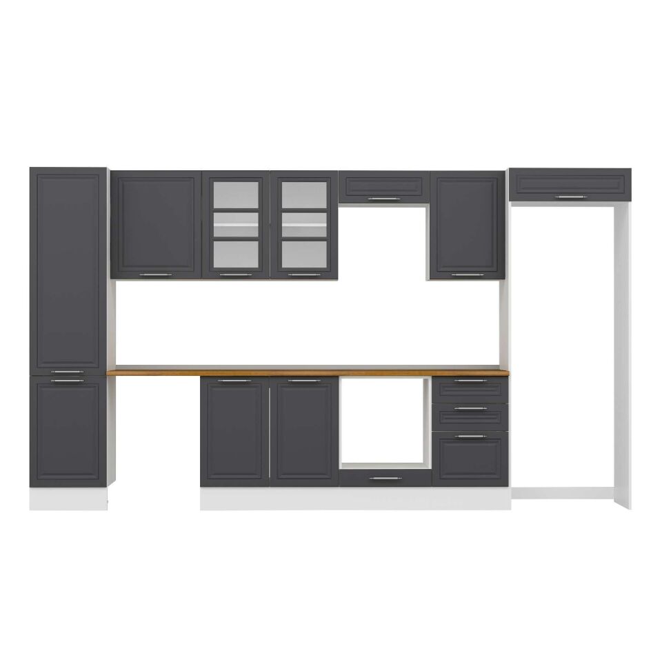Alvinka 390X222 Cm Klasik Mebran Mutfak Dolabı Mbb-E90B50S50-3 Mebran | Antrasit - Suntalam