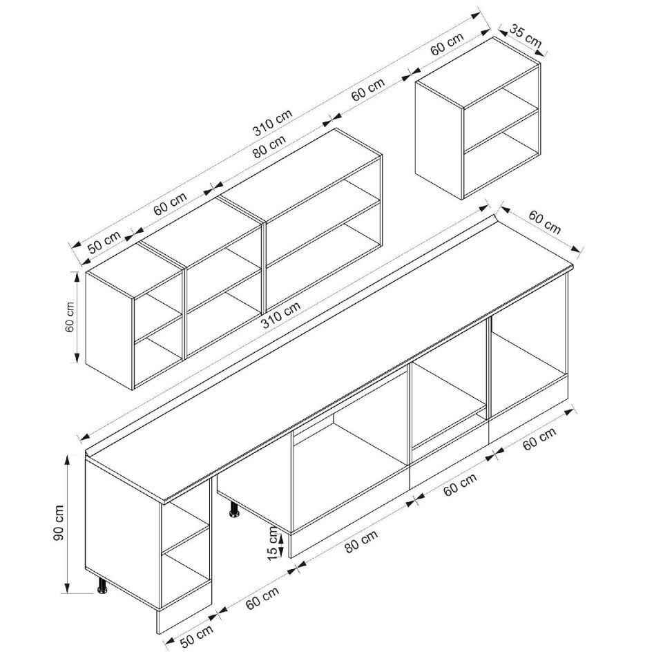 Alvinka 310X210 Cm Klasik Mebran Mutfak Dolabı M-E80S50S60-2 Mebran | Kumtaşı - Mdf