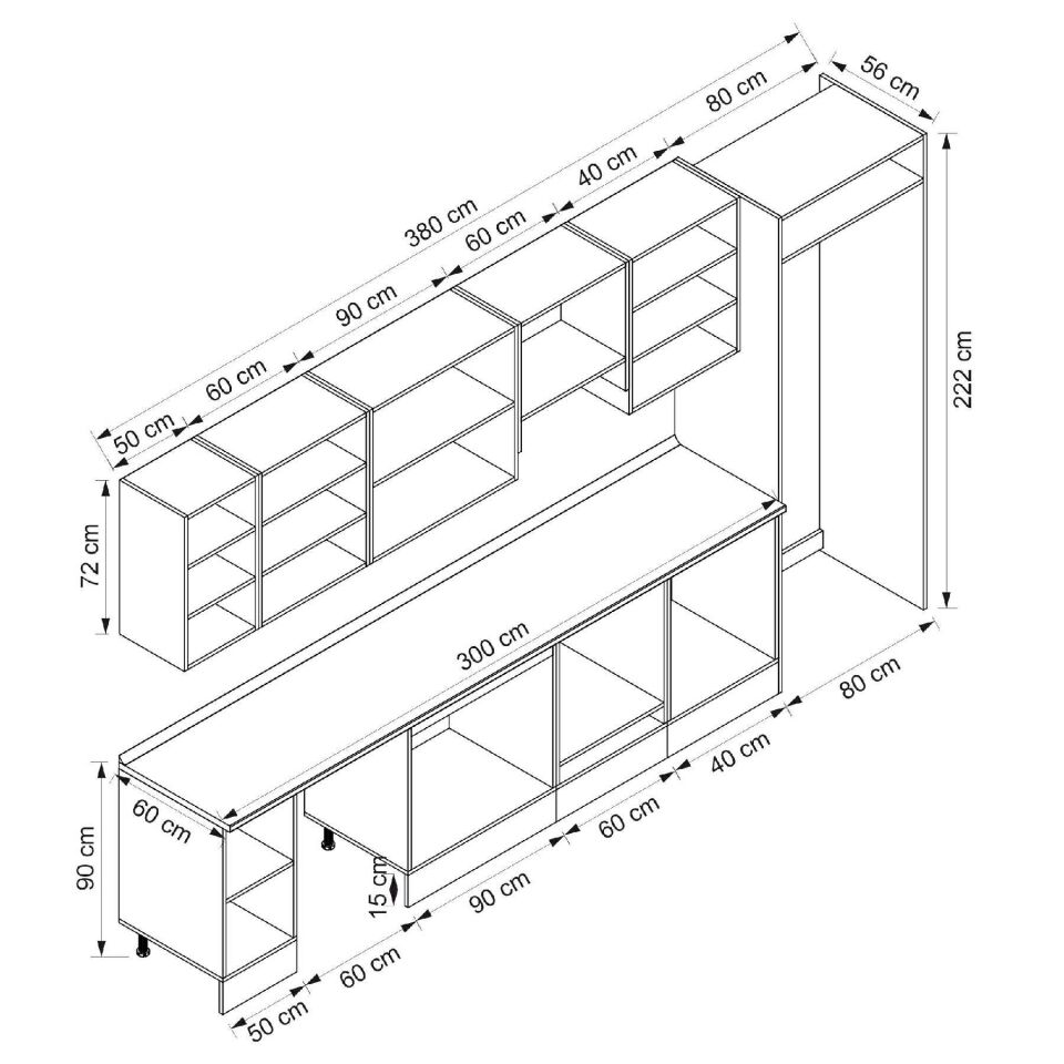 Alvinka 380X222 Cm Klasik Mebran Mutfak Dolabı Beyaz Beyaz Mb-E90S50S40-1