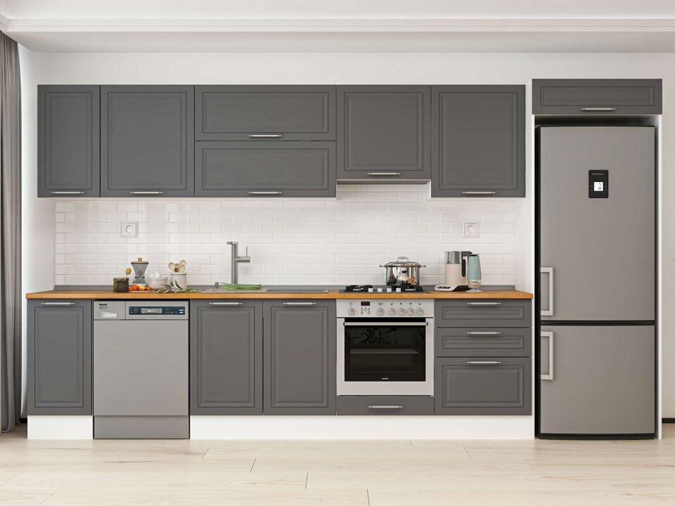 Alvinka 380X222 Cm Klasik Mebran Mutfak Dolabı Mb-E80S40S60-1 Mebran | Antrasit - Mdf