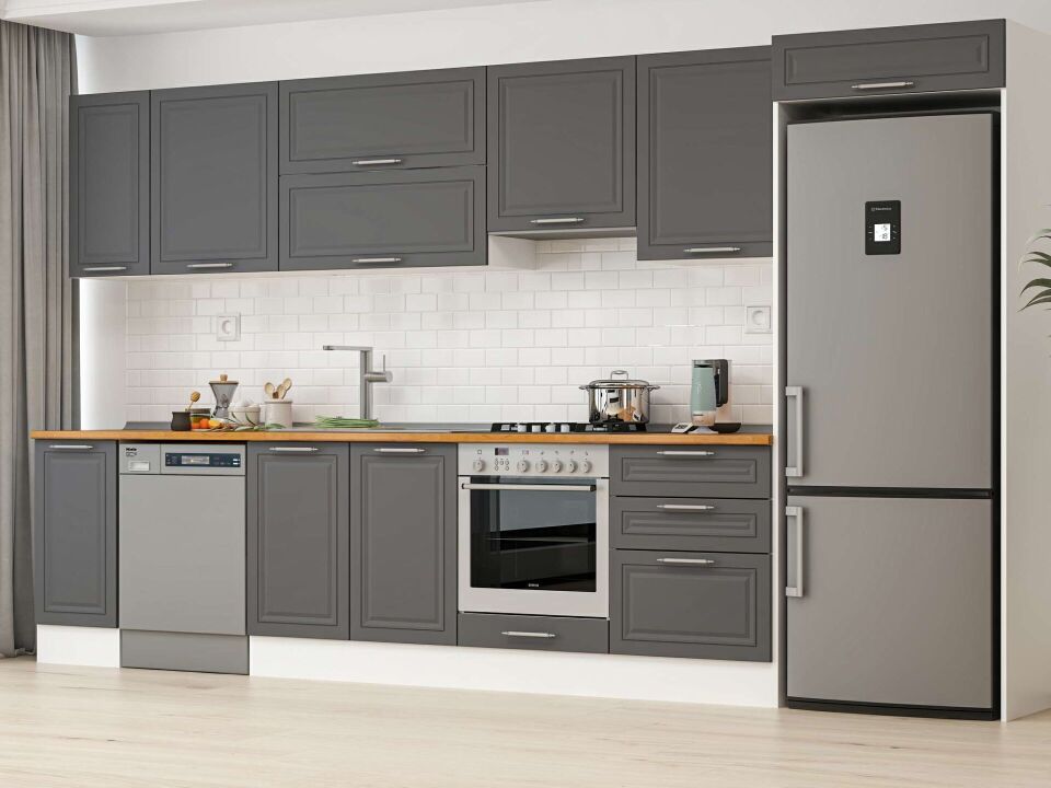 Alvinka 380X222 Cm Klasik Mebran Mutfak Dolabı Mb-E80S40S60-1 Mebran | Antrasit - Mdf