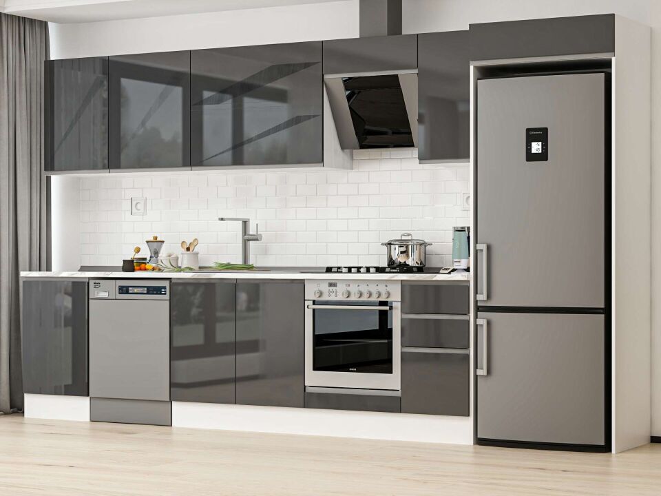 Alvinka 380X222 Cm High Gloss Mutfak Dolabı Mb-E90S50S40-2 High Gloss | Antrasit - Mdf