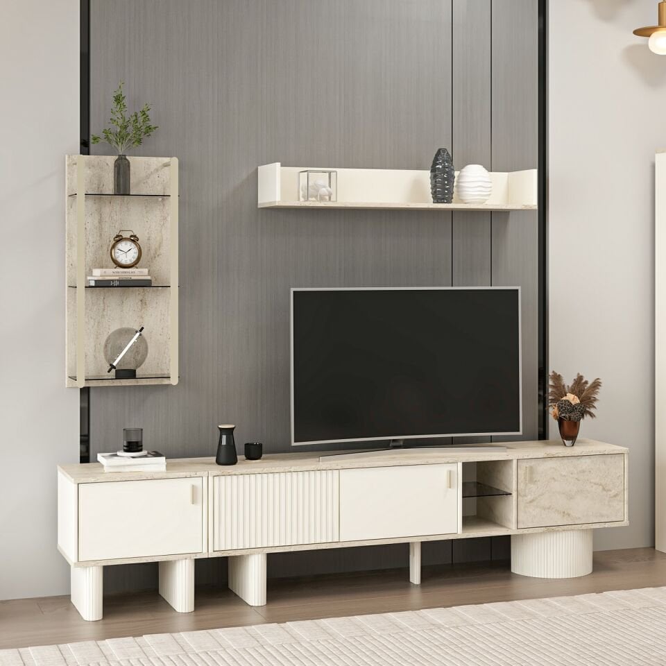 Valento TV Ünitesi Tam Set (TV Ünitesi + Üst Modül + Cam Raf Modül + Yan Modül)