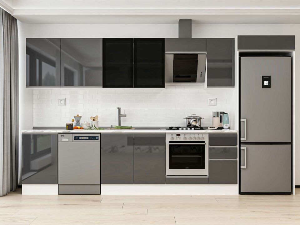 Alvinka 380X222 Cm High Gloss Mutfak Dolabı Mb-E90S50S40-3 High Gloss | Antrasit - Mdf