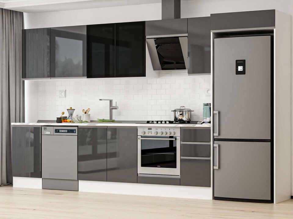 Alvinka 380X222 Cm High Gloss Mutfak Dolabı Mb-E90S50S40-3 High Gloss | Antrasit - Mdf