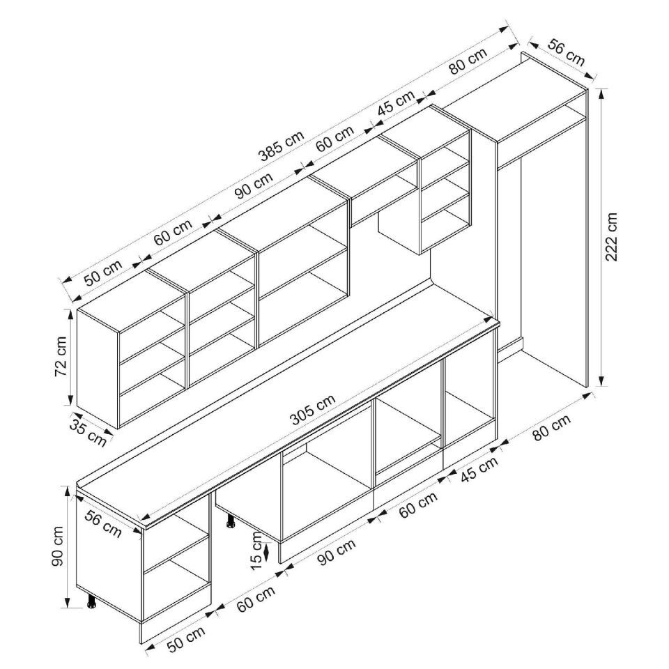 Alvinka 385X222 Cm Klasik Mebran Mutfak Dolabı Beyaz Beyaz Mb-E90S50S45-3