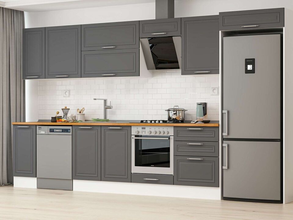 Alvinka 380X222 Cm Klasik Mebran Mutfak Dolabı Beyaz Beyaz Mb-E80S40S60-2 Mebran | Antrasit - Mdf