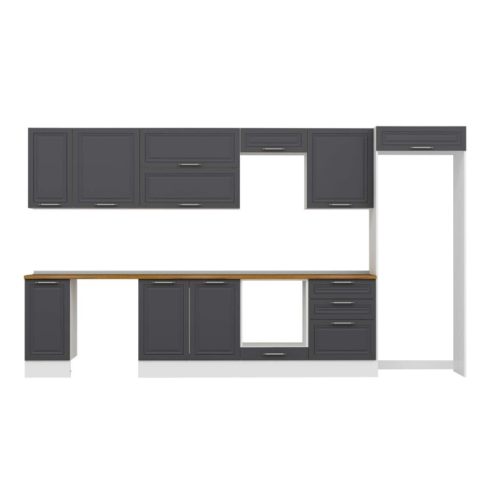 Alvinka 380X222 Cm Klasik Mebran Mutfak Dolabı Beyaz Beyaz Mb-E80S40S60-2 Mebran | Antrasit - Mdf
