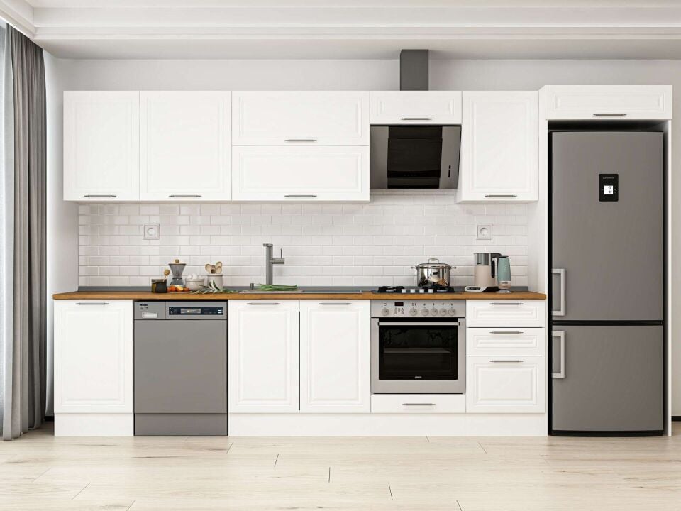 Alvinka 390X222 Cm Klasik Mebran Mutfak Dolabı Beyaz Beyaz Mb-E90S50S50-2