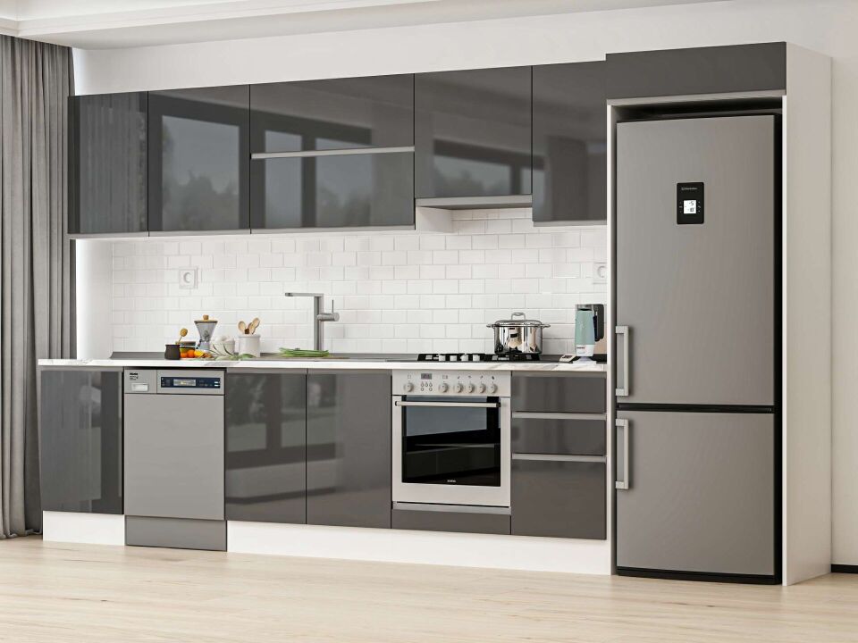Alvinka 385X222 Cm High Gloss Mutfak Dolabı Mb-E90S50S45-1 High Gloss | Antrasit - Suntalam