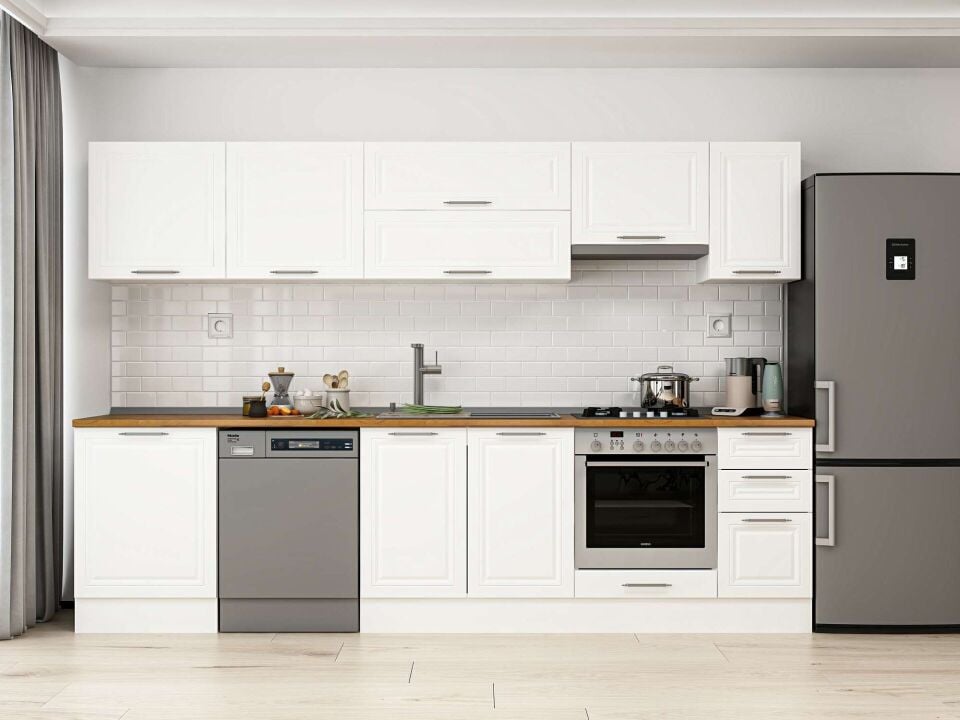 Alvinka 300X210 Cm Klasik Mebran Mutfak Dolabı M-E80S60S40-1 Mebran | Beyaz - Mdf