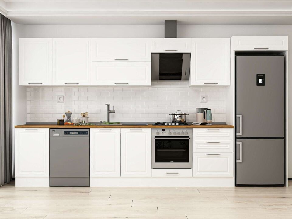 Alvinka 400X222 Cm Klasik Mebran Mutfak Dolabı Beyaz Beyaz Mb-E90S50S60-2