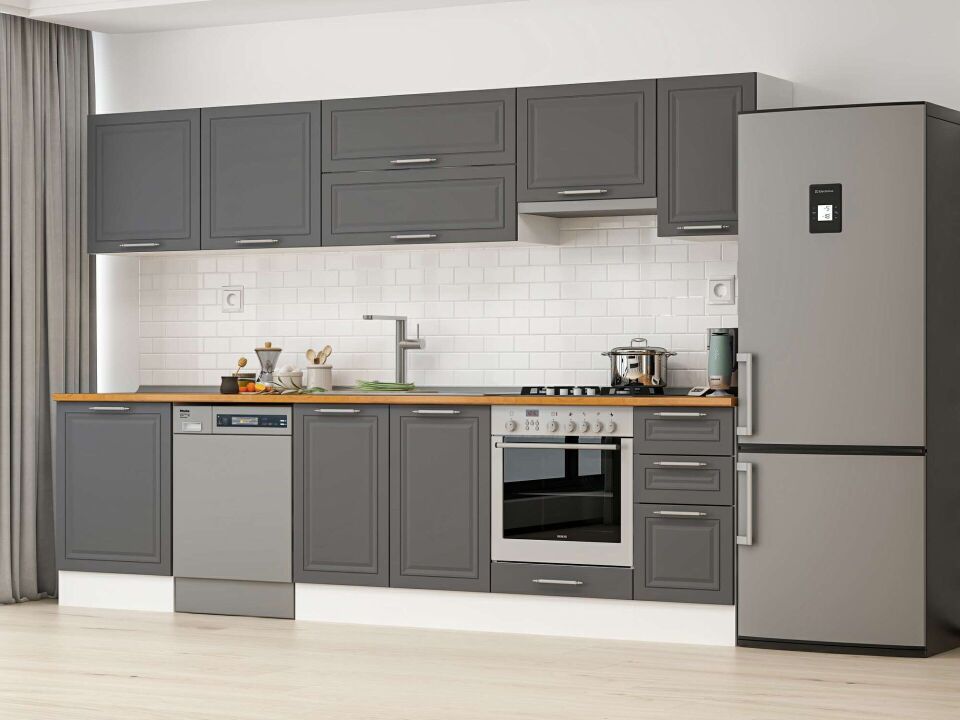 Alvinka 300X210 Cm Klasik Mebran Mutfak Dolabı M-E80S60S40-1 Mebran | Antrasit - Mdf