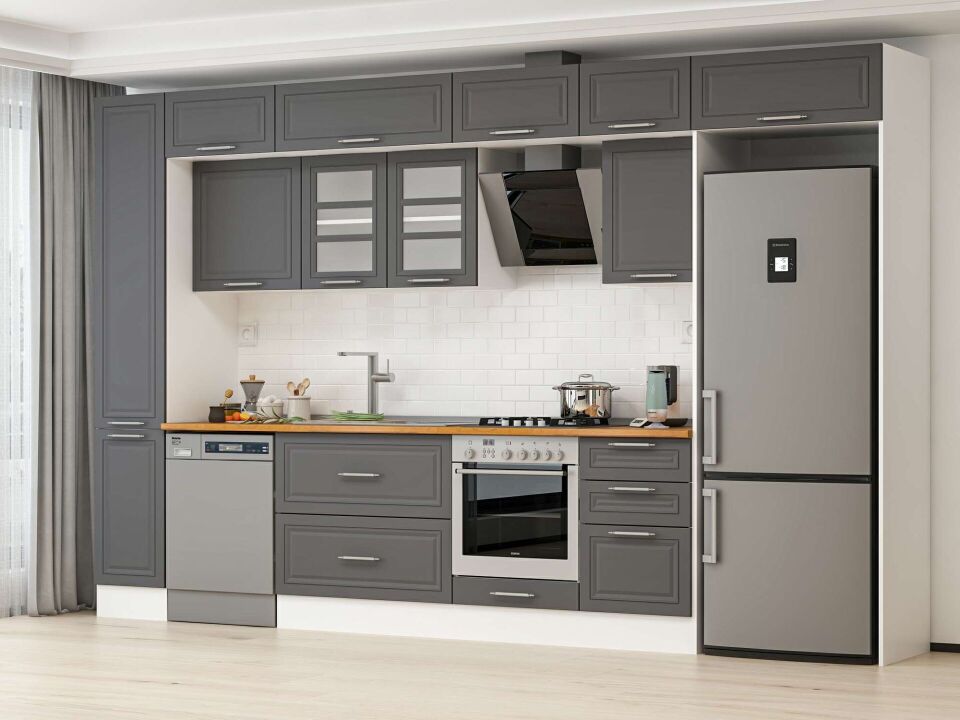 Alvinka 380X240 Cm Klasik Mebran Mutfak Dolabı Mbb-E90B40S50-3 Mebran | Antrasit - Mdf