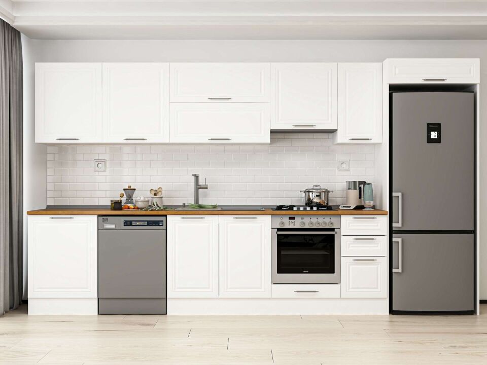 Alvinka 390X222 Cm Klasik Mebran Mutfak Dolabı Beyaz Beyaz Mb-E90S60S40-1