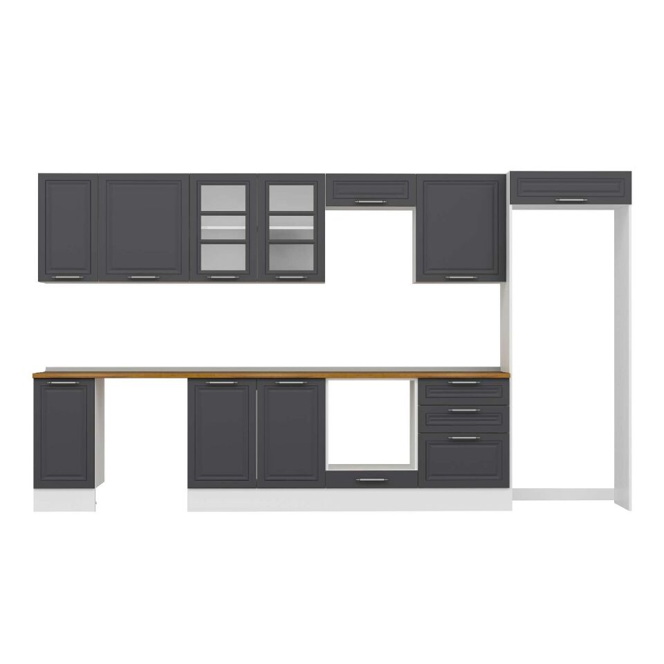 Alvinka 380X222 Cm Klasik Mebran Mutfak Dolabı Beyaz Beyaz Mb-E80S40S60-3 Mebran | Antrasit - Mdf