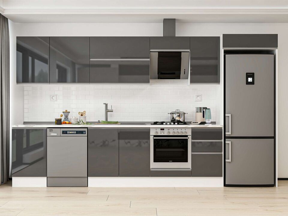 Alvinka 385X222 Cm High Gloss Mutfak Dolabı Mb-E90S50S45-2 High Gloss | Antrasit - Mdf