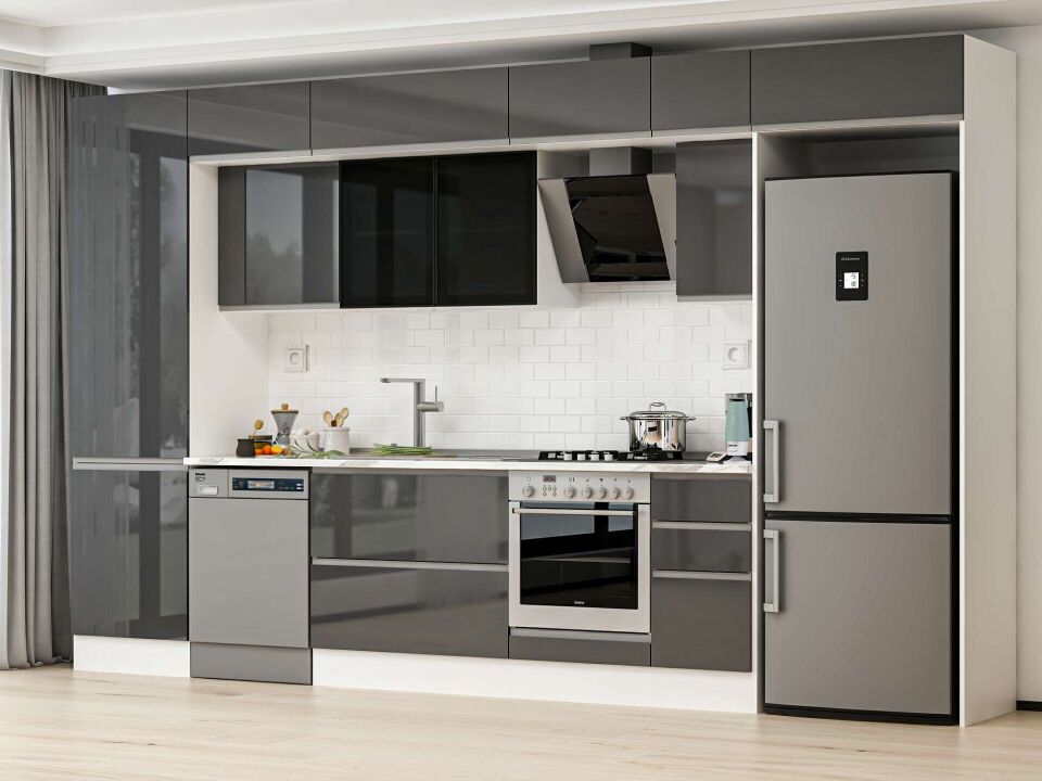 Alvinka 390X240 Cm High Gloss Mutfak Dolabı Mbb-E90B60S40-3 High Gloss | Antrasit - Mdf
