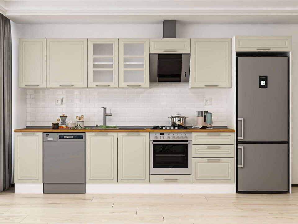 Alvinka 380X222 Cm Klasik Mebran Mutfak Dolabı Beyaz Beyaz Mb-E80S40S60-3 Mebran | Kumtaşı - Mdf