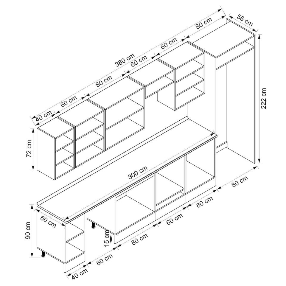 Alvinka 380X222 Cm Klasik Mebran Mutfak Dolabı Beyaz Beyaz Mb-E80S40S60-3 Mebran | Kumtaşı - Mdf
