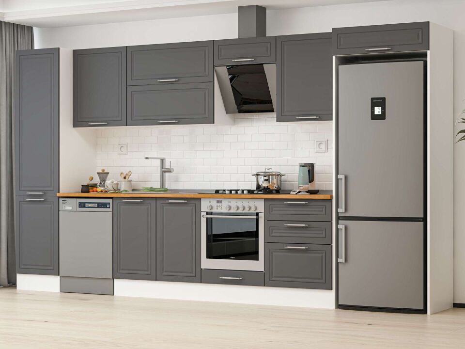 Alvinka 400X222 Cm Klasik Mebran Mutfak Dolabı Mbb-E90B50S60-2 Mebran | Antrasit - Mdf