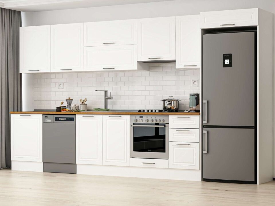 Alvinka 395X222 Cm Klasik Mebran Mutfak Dolabı Beyaz Beyaz Mb-E90S60S45-1