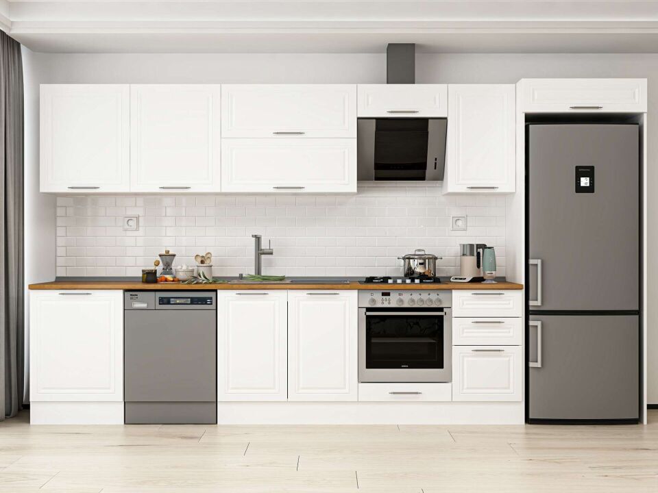 Alvinka 395X222 Cm Klasik Mebran Mutfak Dolabı Beyaz Beyaz Mb-E90S60S45-2