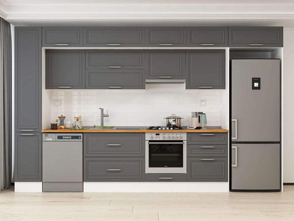 Alvinka 390X240 Cm Klasik Mebran Mutfak Dolabı Mbb-E90B40S60-1 Mebran | Antrasit - Mdf