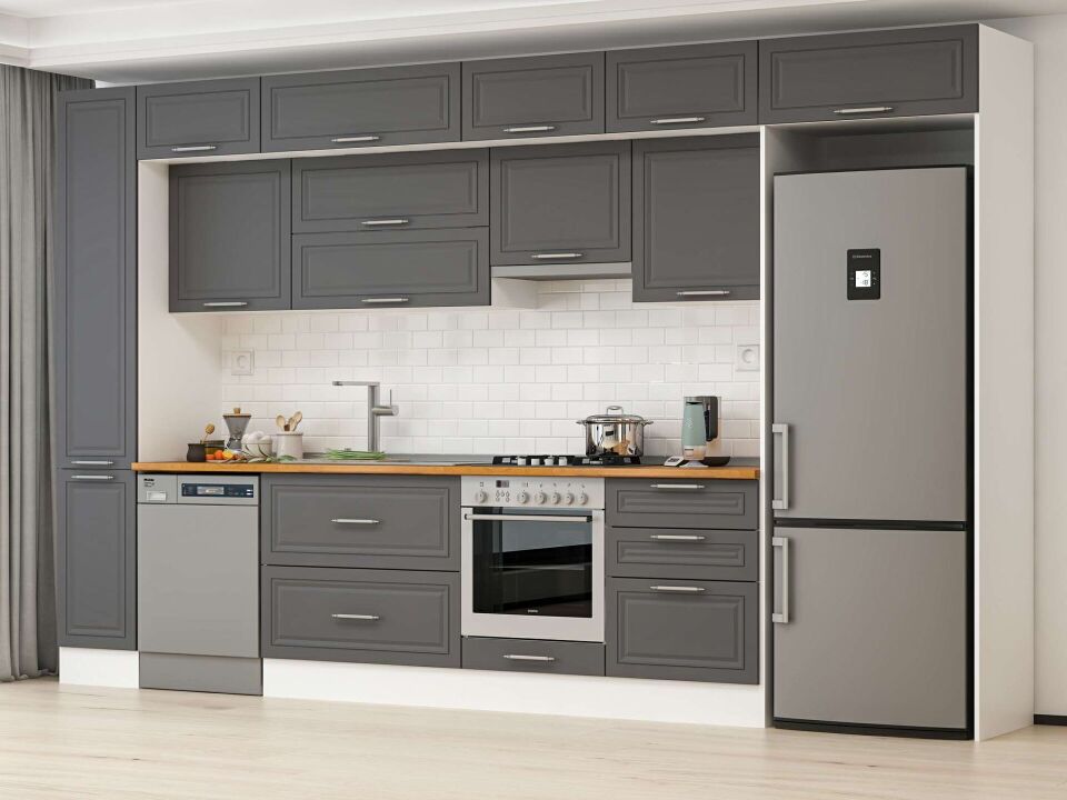 Alvinka 390X240 Cm Klasik Mebran Mutfak Dolabı Mbb-E90B40S60-1 Mebran | Antrasit - Mdf
