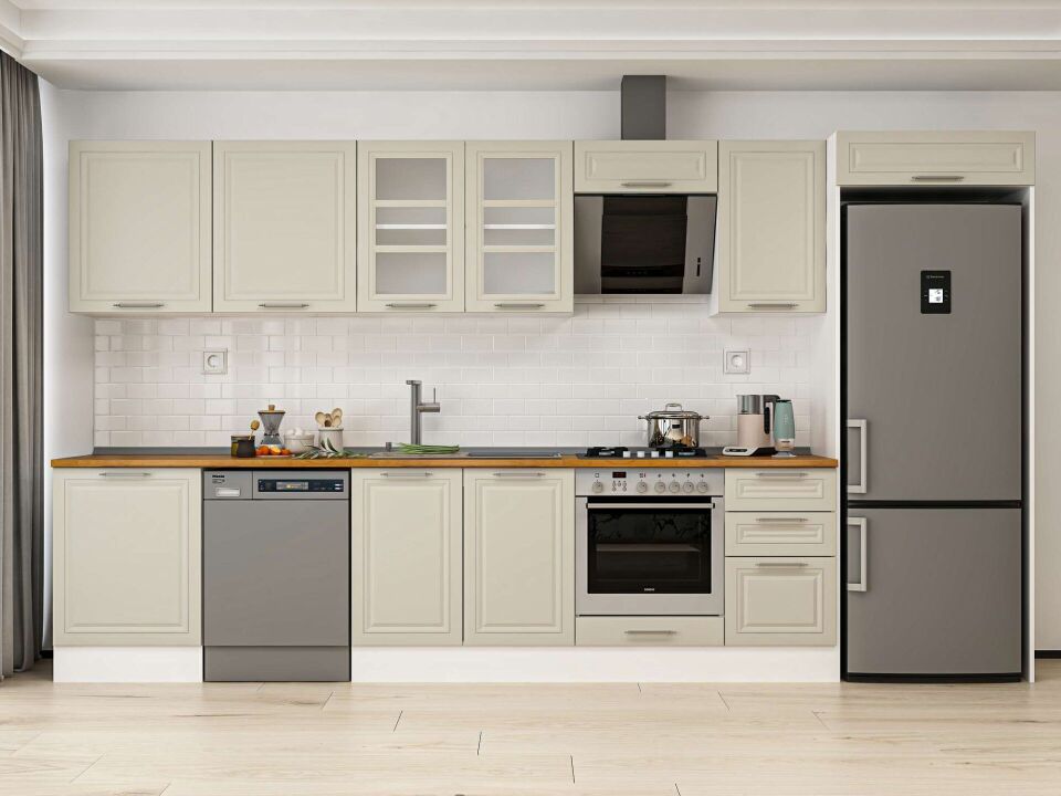 Alvinka 395X222 Cm Klasik Mebran Mutfak Dolabı Beyaz Beyaz Mb-E90S60S45-3