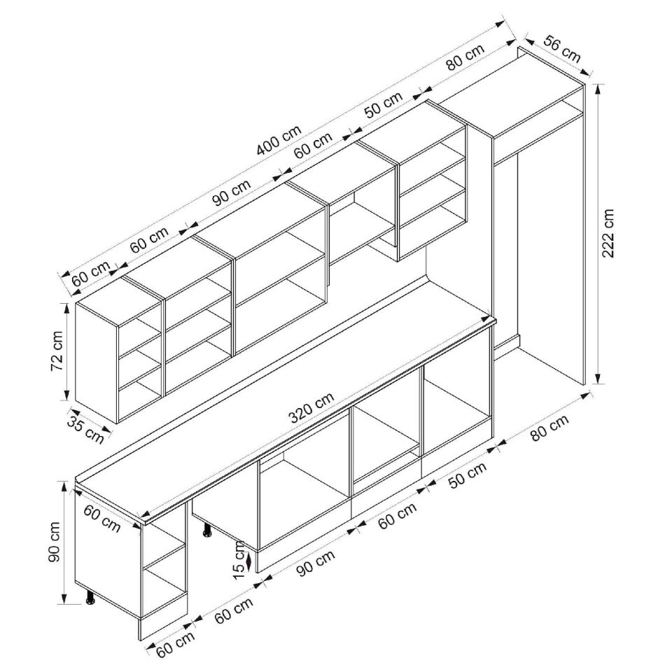 Alvinka 400X222 Cm Klasik Mebran Mutfak Dolabı Beyaz Beyaz Mb-E90S60S50-1
