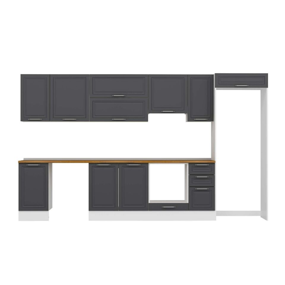 Alvinka 365X222 Cm Klasik Mebran Mutfak Dolabı Mb-E80S45S40-1 Mebran | Antrasit - Mdf