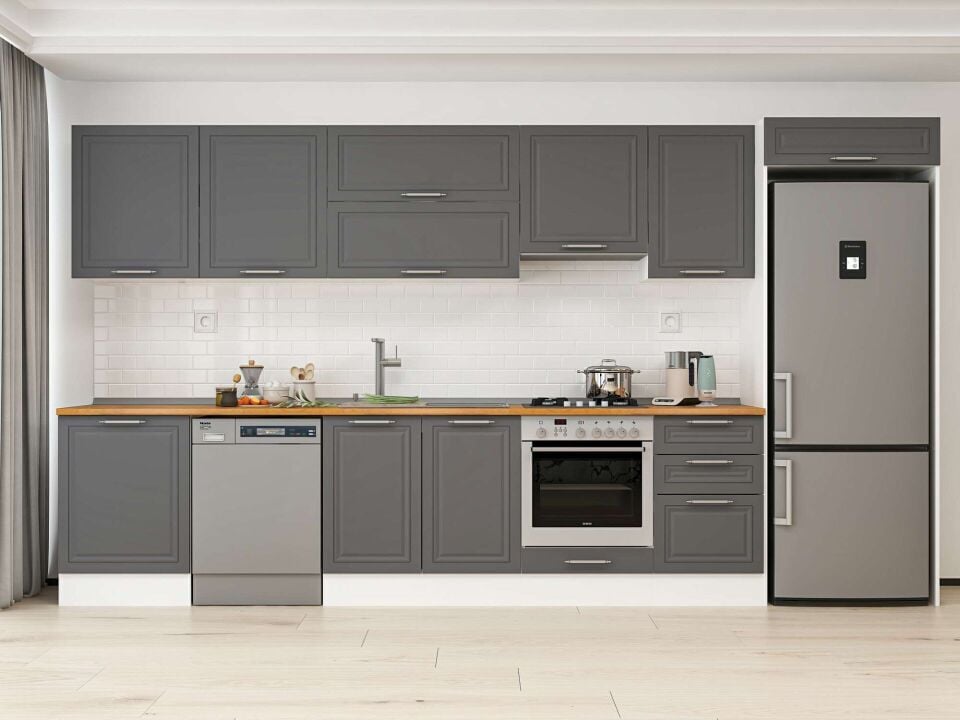 Alvinka 400X222 Cm Klasik Mebran Mutfak Dolabı Beyaz Beyaz Mb-E90S60S50-1