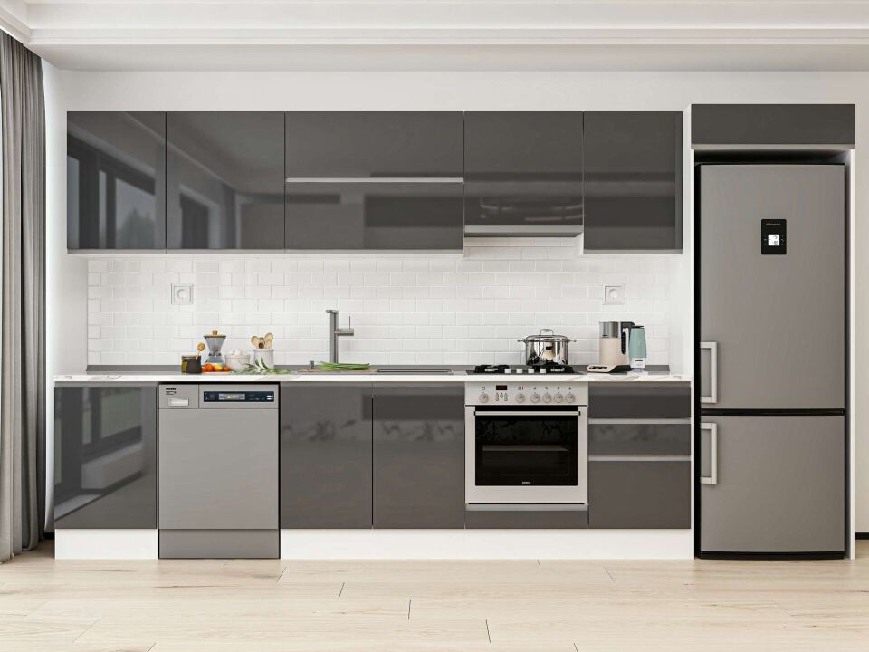 Alvinka 390X222 Cm High Gloss Mutfak Dolabı Mb-E90S50S50-1 High Gloss | Antrasit - Mdf