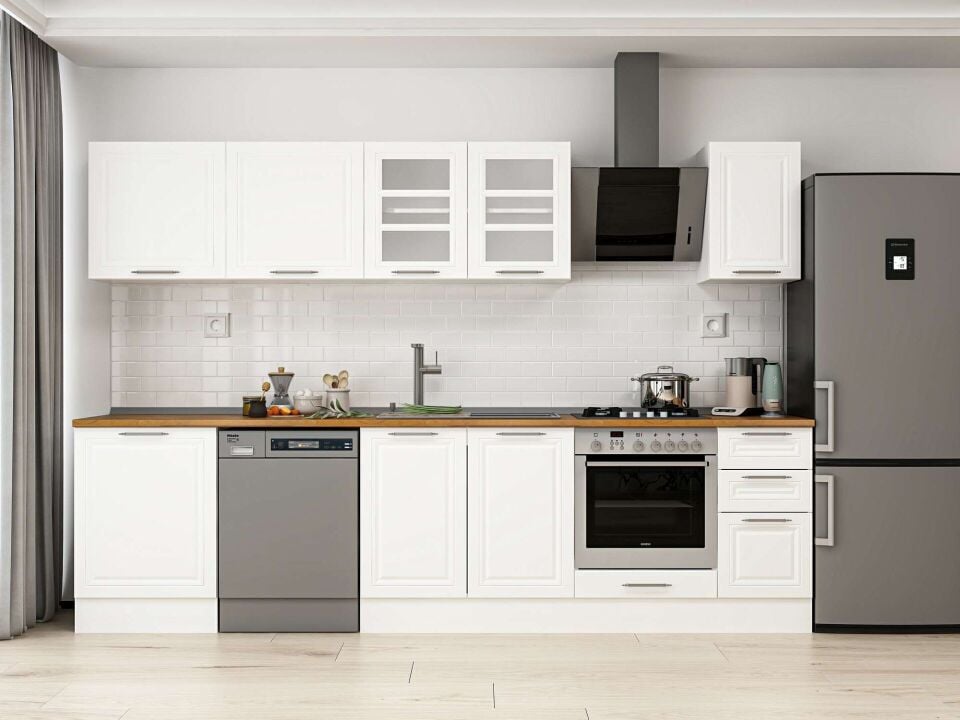 Alvinka 300X210 Cm Klasik Mebran Mutfak Dolabı M-E80S60S40-3 Mebran | Beyaz - Mdf