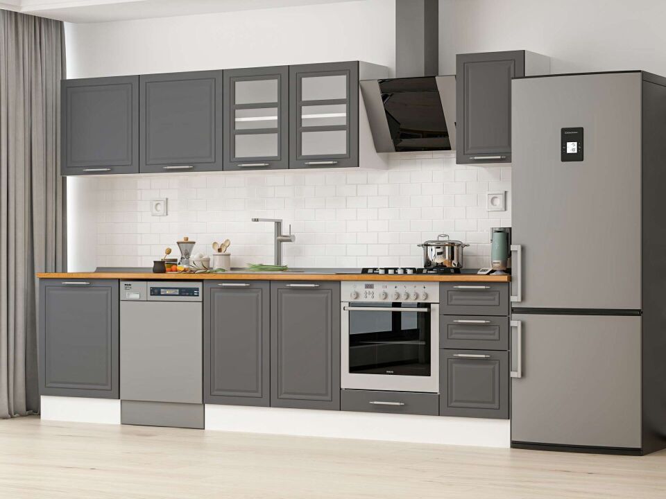 Alvinka 300X210 Cm Klasik Mebran Mutfak Dolabı M-E80S60S40-3 Mebran | Antrasit - Mdf