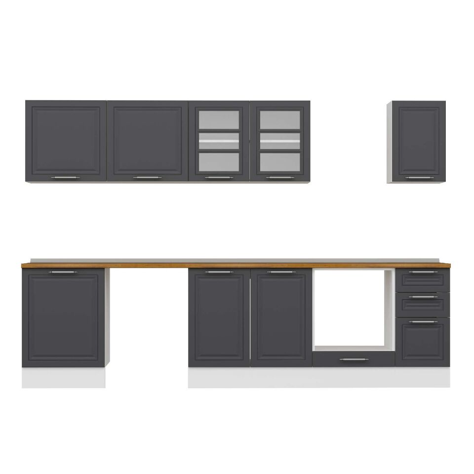 Alvinka 300X210 Cm Klasik Mebran Mutfak Dolabı M-E80S60S40-3 Mebran | Antrasit - Mdf