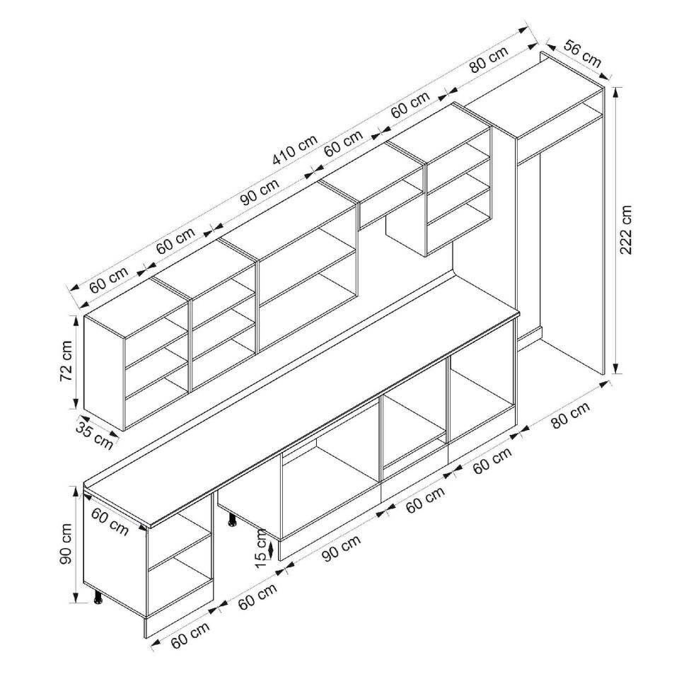 Alvinka 410X222 Cm Klasik Mebran Mutfak Dolabı Beyaz Beyaz Mb-E90S60S60-3