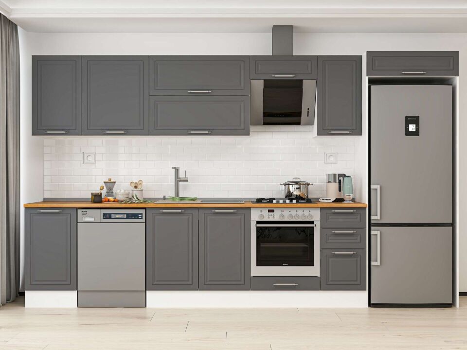 Alvinka 365X222 Cm Klasik Mebran Mutfak Dolabı Mb-E80S45S40-2 Mebran | Antrasit - Mdf