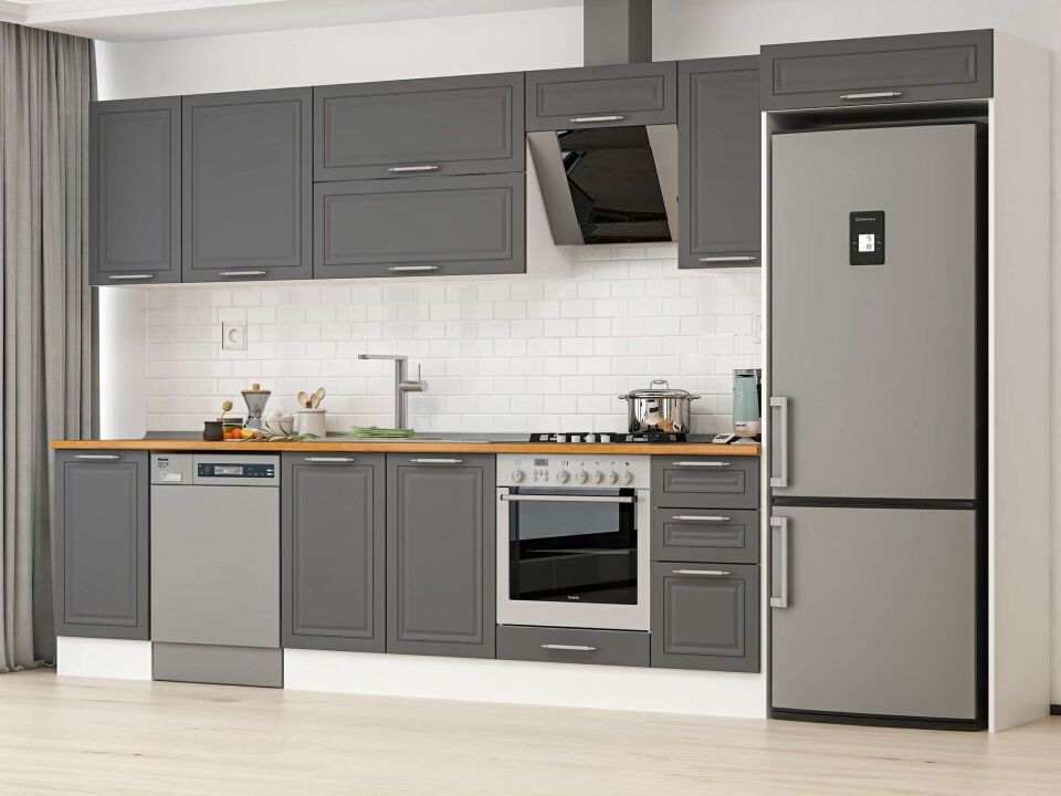Alvinka 365X222 Cm Klasik Mebran Mutfak Dolabı Mb-E80S45S40-2 Mebran | Antrasit - Mdf