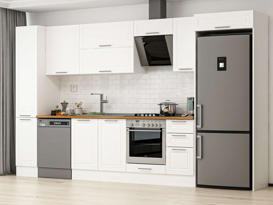 Alvinka 370X222 Cm Klasik Mebran Mutfak Dolabı Beyaz Beyaz Mbb-E90B40S40-2