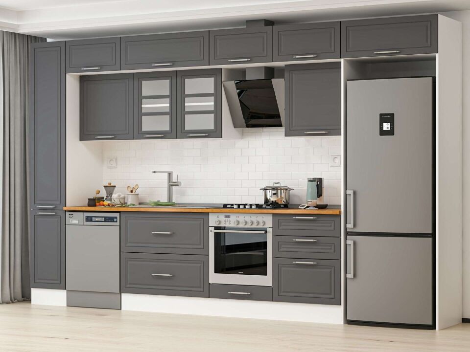 Alvinka 390X240 Cm Klasik Mebran Mutfak Dolabı Mbb-E90B40S60-3 Mebran | Antrasit - Suntalam