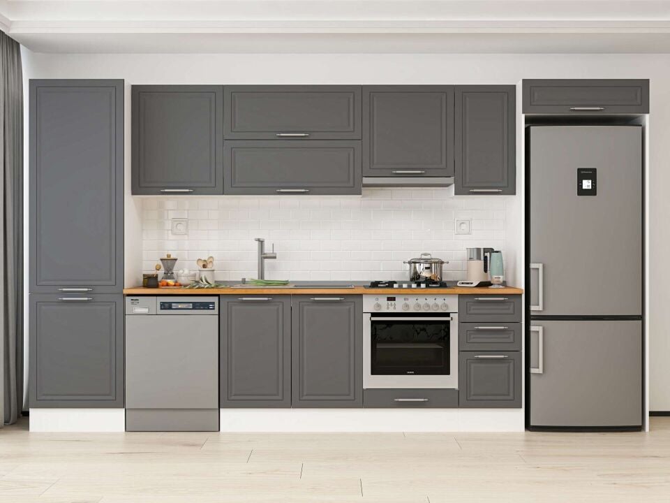 Alvinka 390X222 Cm Klasik Mebran Mutfak Dolabı Mbb-E90B60S40-1 Mebran | Antrasit - Mdf